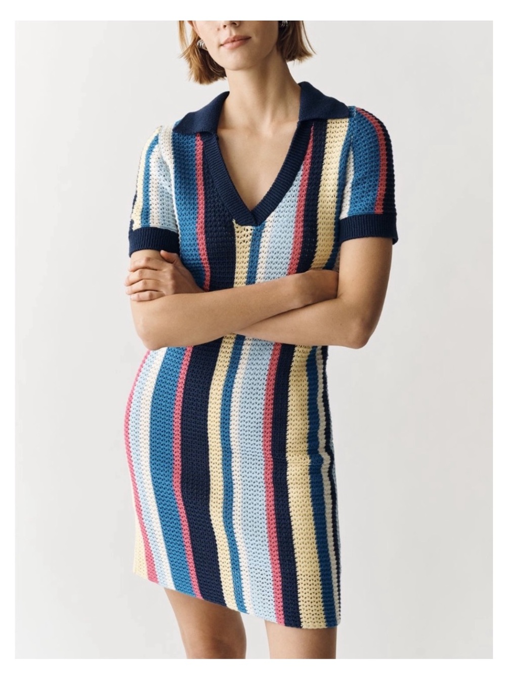 🟤NWT MAEVE by ANTHROPOLOGIE Collared Knit Mini Dress in Multi Stripes XS